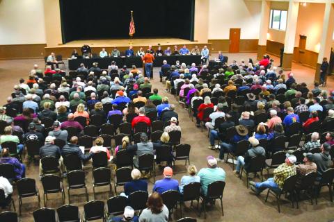 Enoch Autry/The Clayton Tribune. The seats inside the Rabun County Civic Center were filled on Tuesday for a county town hall meeting about building codes and citations. Along the walls of the room, more people stood to listen at the event.