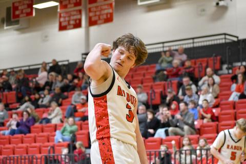 Wesley Branch/The Clayton Tribune. Rabun County senior Huey Blalock flexes after a basket in Rabun County’s 57-45 Feb. 4 win over Providence Christian Academy. Blalock earned Region Player of the Year for the second consecutive season. 