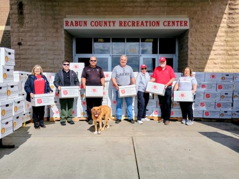 Pictured are Lanita Lloyd,The Salvation Army divisional Emergency Disaster Services (EDS) director for Georgia, left; Jonathan Jones, Georgia Emergency Management Agency (GEMA) Area 1 Field coordinator; Brian Panell, Rabun County EMA Director; Rabun County Commissioner Kent Woerner with his dog named “New Dog;” The Salvation Army volunteers Marsha Kaufmann and Jim Kaufmann; and Cindy Puryear, The Salvation Army divisional Emergency Disaster Services (EDS) assistant director for Georgia. 