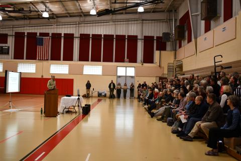 Megan Horn/The Clayton Tribune. U.S. Forest Service officials speak to a large crowd on Feb. 18 at the Rabun County Recreation Department for the fourth annual Foothills Landscape Project Stakeholder meeting. 