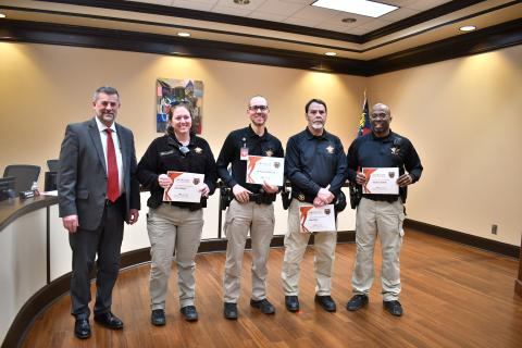 Megan Horn/The Clayton Tribune. Rabun County Schools Superintendent Steven Cole commended Rabun County Sheriff’s Office School Resource Officers (SROs) for their commitment to keeping students safe and building relationships during the Feb. 23 BOE meeting. SRO Mike Free was also named the “SRO of the Year.” Pictured are Cole, left; RCPS SRO Lisa Adams; RCMS SRO Michael Rodriguez; Free; and RCHS SRO Lindsey Owens. Not pictured is RCES SRO Ana Contreras. 