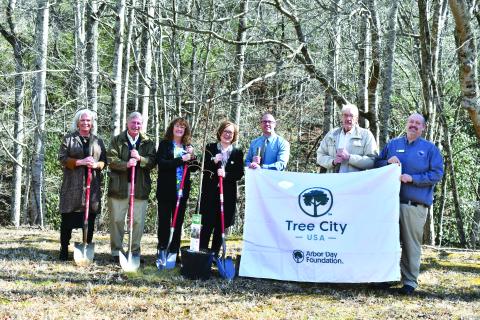 Megan Horn/The Clayton Tribune. City of Sky Valley officials support planting a Cherry Tree to celebrate Georgia Arbor Day as well as George Washington, whose birthday is Feb. 22, and America’s 250th birthday, which is coming up on July 4. Pictured are Sky Valley Council Members CareySue Beasley, left; Jim Curtis; Beth Pence; Mayor Benita Cotton-Orr; Council Members Jesse Price; Tony Allred; and City Manager Jason Streetman. 