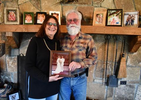 Megan Horn/The Clayton Tribune. Joe and Angela Luke have been married for 46 years and say they are “best friends.” Respecting one another is a key to their successful marriage along with their strong faith. They are pictured holding a photo from their wedding day on May 19, 1979, in Pompano Beach, Fla.