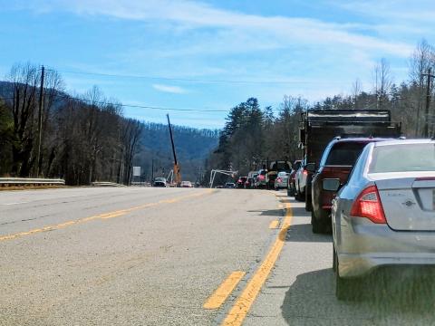 Megan Horn/The Clayton Tribune. Traffic was snarled on Tuesday on Highway 441 between Mountain City and Rabun Gap as crews worked on power lines. The current phase of the road expansion is set to continue until Halloween 2027.
