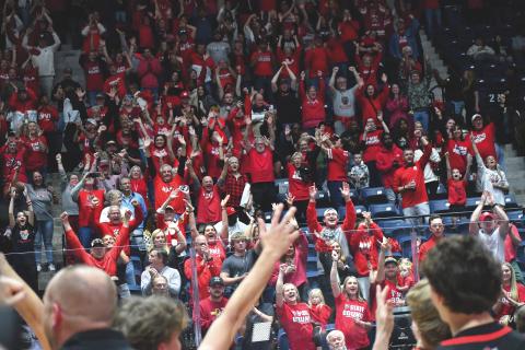 Wesley Branch/The Clayton Tribune. Rabun County fans cheer for the Wildcat basketball team after the boys received the state championship trophy for their 52-43 March 13 win over Southwest at the Macon Coliseum. RCHS’ first state title in boys hoops capped off a historic season which resulted in several accolades.    