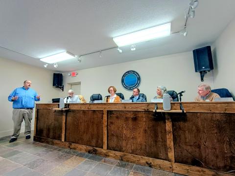 Megan Horn/The Clayton Tribune. Sky Valley City Manager Jason Streetman gives details to council members about $5 million in grant funding available for the proposed sewer project during the March 3 work session.  The next scheduled council meeting is March 17 at the city hall.