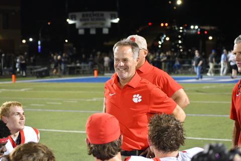 Wesley Branch/The Clayton Tribune. Rabun County head football coach Rance Gillespie smiles while addressing his team after its 14-3 road victory over Bremen on Sept. 12, 2025. Gillespie and the Wildcats will begin spring practice on May 4 in preparation for 2026 and Gillespie’s second season as the RCHS head coach. 