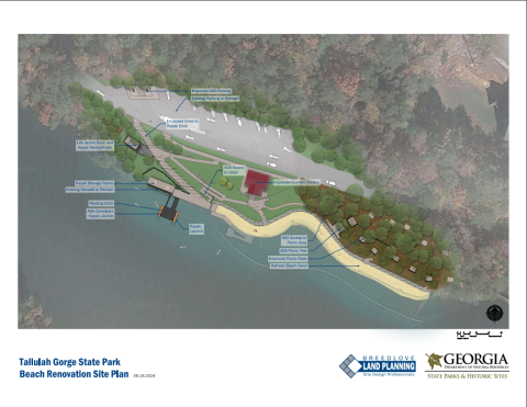 Submitted. A rendering of the Terrora Day Use Area Beach at Tallulah Gorge State Park after construction to become ADA compliant. The area will include improved ADA parking; existing parking to remain; an improved driver to the kayak dock; a life jacket, rack and kayak rental kiosk; kayak storage racks; An ADA compliant kayak launch and another kayak launch; and ADA access to the picnic area and picnic pad; as well as improved picnic pads and refreshed beach sand. 