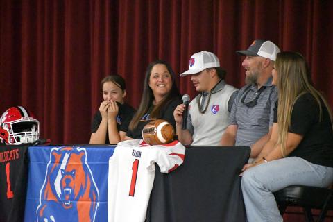 Wesley Branch/The Clayton Tribune. Rabun County senior Lake Evans thanks the many people who helped him in his journey to becoming a collegiate athlete during his signing day ceremony on May 19 at Rabun County High School. 