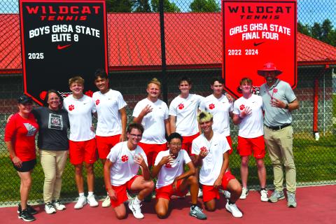 Wesley Branch/The Clayton Tribune. The Rabun County boys tennis team poses for a photo after its 4-0 win over Swainsboro in the Elite Eight at Rabun County High School on May 4. The win for the Wildcats secured their first Final Four appearance in program history for the boys. RCHS will host Model Friday afternoon in the semifinals.