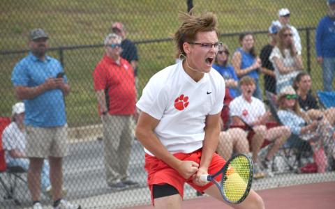 Wesley Branch/The Clayton Tribune. Rabun County junior Lleyton Phillips celebrates after his win on No. 1 singles versus Model on May 8 at Rabun County High School. Phllips and the Wildcats will play for the state championship on Wednesday in Rome. 