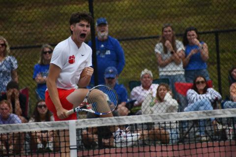 Wesley Branch/The Clayton Tribune. Rabun County senior Brady Darnell celebrates after a point during he and Landan Bedingfield’s doubles match versus Model on May 8 at Rabun County High School. Darnell and Bedingfield secured the match-clinching point. 
