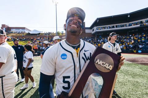 Photos courtesy WVU Athletics. Armani Guzman, a Rabun Gap graduate, and the West Virginia Mountaineers earned their first trip to Omaha with a 45-15 overall record and No. 16 national seed.