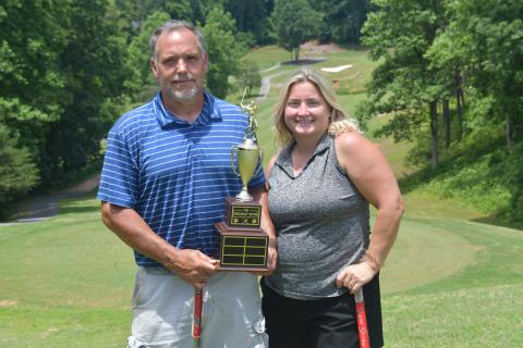 Wesley Branch/The Clayton Tribune. Jamie Smith (right) and Jason Murphy pose with the Wildcat Open trophy after winning the inaugural Wildcat Open Tournament on June 5 at Kingwood Golf Club. Smith and Murphy will have their names and score placed on the trophy, which will be displayed on RCHS’ campus. 
