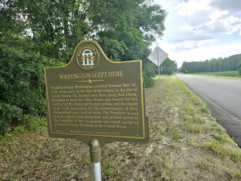Enoch Autry/The Clayton Tribune. Historical marker on Newington Highway in Screven County denotes location where George Washington visited and slept during his Southern Tour in 1791. This year mark’s America’s 250th birthday.
