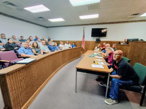 Megan Horn/The Clayton Tribune. Rabun County Commissioners meet during a special called meeting on June 30 to discuss Rabun County EMS stopping interfacility transports from Mountain Lakes Medical Center effective Aug. 14. Many EMS employees attended the meeting, along with members of the public and representatives from the hospital. 