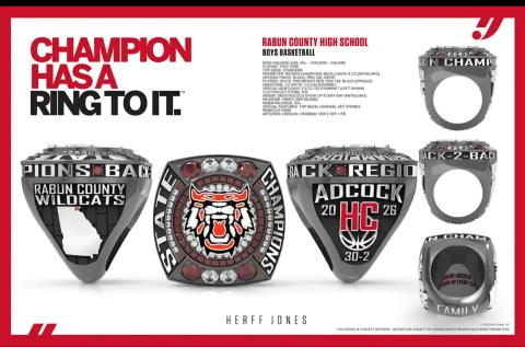 Submitted. The Rabun County boys basketball team will receive these championship rings pictured here before the opening football game on Aug. 28 at 7 p.m. The Wildcats went 30-2 last season, winning the Class A Division I state title over Southwest. 