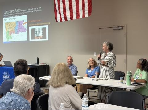 Photos courtesy the Rabun County Democratic Party. Rebecca Sims, Democratic candidate for Georgia House District 32, talks about district concerns.