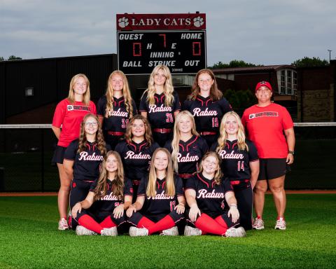 Submitted Photo. Jessica Evans has begun her third season as the Lady Cat softball head coach. Front Row: (From left) Addison Patton, Kynzlie McCall and Mattie Scott. Middle Row: Jalynn Gragg, Charley Weaver, Kenlee Hedge and Capi Welch. Back Row: Coach Makenna Talcott, Kyla Shook, Cecelia Fields, Aubrey Colbert and Head Coach Jessica Evans. NOT PICTURED: River Evans.
