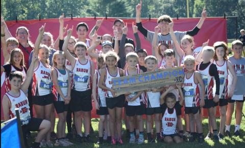 Submitted photo. Rabun County Recreation Department cross country runners celebrate their first-place team finish at Skitts Mountain Farm on Sept. 26. The team will complete on Oct. 3 at the state meet in Jefferson