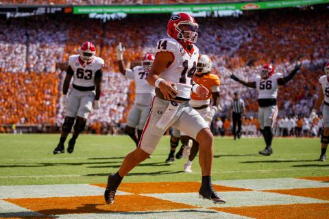 Photo courtesy UGAAA. Rabun County standout and current Georgia quarterback Gunner Stockton sprints into the end zone in Knoxville against Tennessee in a back-and-forth 44-41 overtime game on Sept. 13, 2025.