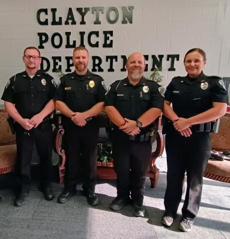 Megan Horn/The Clayton Tribune. The Clayton Police Department is committed to providing professional police service to both citizens and all who pass through the city. Pictured are Officer Jonathon Watts, Chief Kevin Marsteller, Terry Palmer and Sarah Chapman. Not pictured are Officers Delena Joedicke, Andy Beck and Jimmy Nations. 