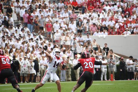 Wesley Branch/The Clayton Tribune. Former Rabun County and current UGA quarterback Gunner Stockton releases a pass downfield during Georgia’s 70-20 win over Western Kentucky on Sept. 12. Stockton tied a school record with five touchdown passes in the contest. The Dawgs will be on the road Saturday against SEC foe Arkansas.
