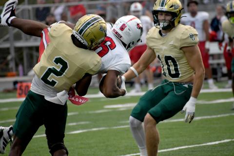 Wesley Branch/The Clayton Tribune. Rabun Gap defensive back Travonne Johnson throws down Providence Day wide receiver Steele Fletcher for a tackle during Rabun Gap’s 17-14 loss versus PD on Sept. 18. The Eagles are now 1-4 on the season.