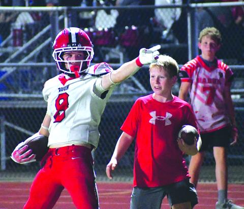 Enoch Autry/The Clayton Tribune. Junior wide receiver Colter Cannon signals a first down for Rabun County in Dawsonville against host Dawson County in the Wildcats’ 35-21 victory. RCHS plays at Walnut Grove on Sept. 11.