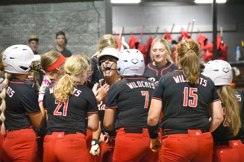 Wesley Branch/The Clayton Tribune. RCHS celebrates after a three-run home run by junior River Evans, center, of the Lady Cats’ win over Clarke Central on Oct. 5. Rabun County’s season came to an end in the first round of the playoffs.