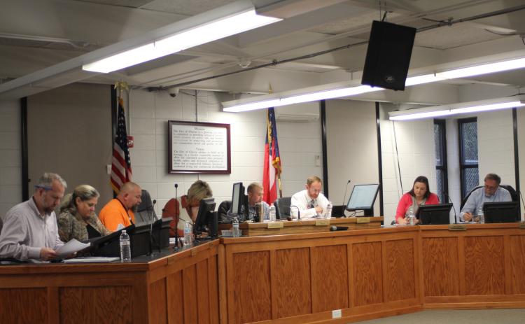 Megan Broome/The Clayton Tribune. The newly-elected Clayton City Council holds their first meeting of 2020 at the Clayton Municipal Complex on Tuesday. From left, Woody Blalock, Michelle Duquette, David Cross, Cissy Henry, city manager, Jordan Green, mayor, Mitch Baker, city attorney, Ara Joyce and John Bradshaw.