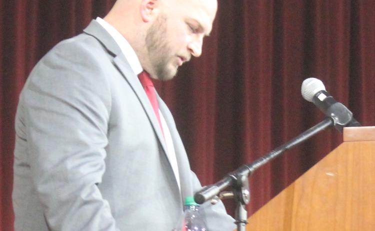 Andy Diffenderfer/The Clayton Tribune Rabun County High head football coach Jaybo Shaw addresses Wildcat players, parents and boosters Sunday at the program's award ceremony.