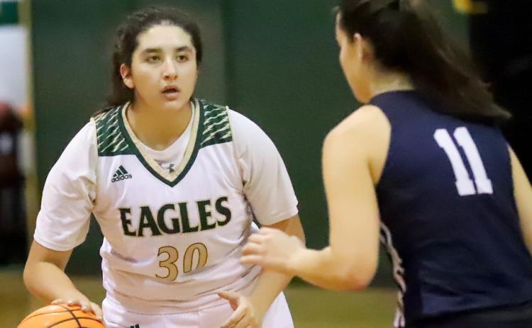 Submitted photo by Rabun Gap-Nacoochee School The Lady Eagles’ Aileen Marquez sizes up a defender in an earlier game this season.
