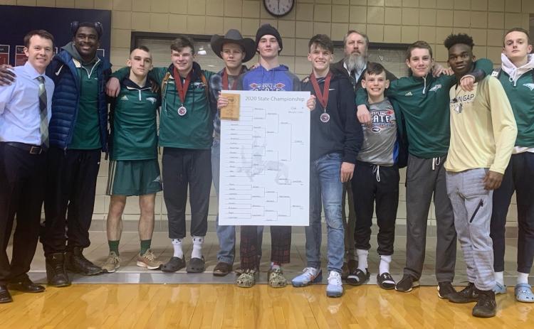 Submitted photo Rabun Gap-Nacoochee placed fourth of 15 teams last weekend at the North Carolina Independent Schools Athletic Association wrestling tournament in Charlotte.
