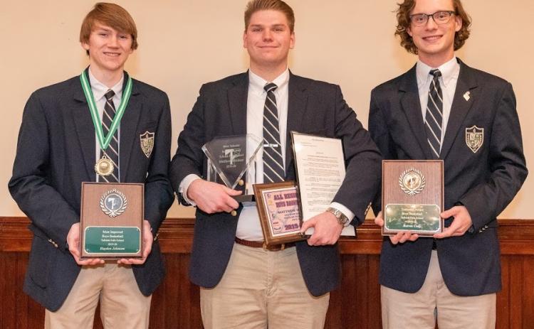 Submitted photo From varsity boys basketball are seniors Hayden Johnson of Demorest, Most Improved Award; Matthew Weidner of Demorest, Most Valuable Player; Reeves Cody of Cornelia, Teammate Award.