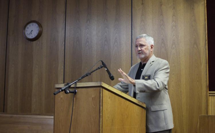 Megan Broome/The Clayton Tribune. Tim Ranney, President of The Rotary Club of Clayton, asked county commissioners Tuesday for permission to use the county health department dental facilities to launch a low-cost dental clinic for Rabun County residents.