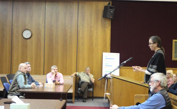 File photo. Sarah Gillespie addresses county commissioners on the proposed purchase of National Forest Land in the Boggs Mountain area at a public forum in February.