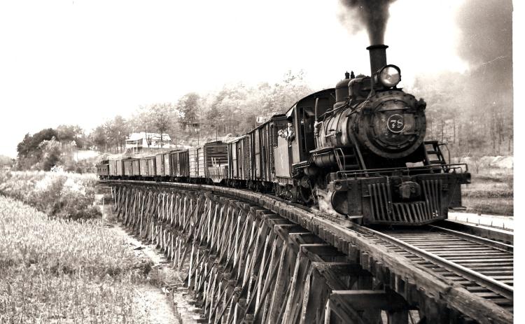 A Tallulah Falls Railroad freight train crossing one of 42 wooden trestles on the line's 58-mile route from Cornelia, Ga. to Franklin, N.C. in 1940.