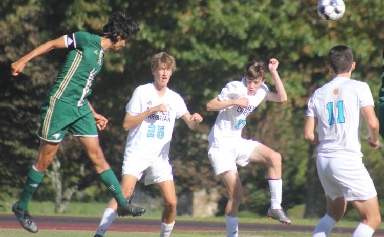 Andy Diffenderfer/The Clayton Tribune. This header by Rabun Gap’s Jacobo Saenz found the nets in the Eagles’ Oct. 2 home win over Asheville Christian.