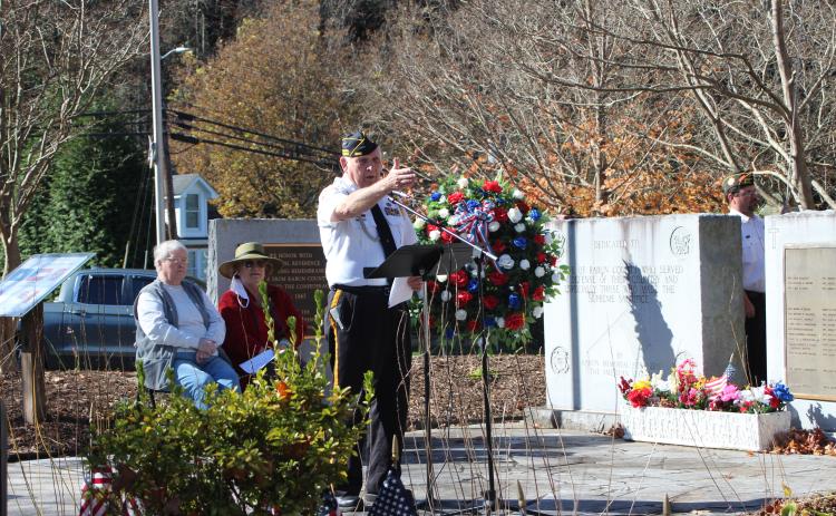 Megan Broome/The Clayton Tribune. Doug Wayne, DAV Chapter 15 commander, addresses a crowd of veterans and residents at the Veterans Day ceremony held at the Rabun County courthouse last Saturday. He said that it’s important to honor those veterans living and those who have passed away.