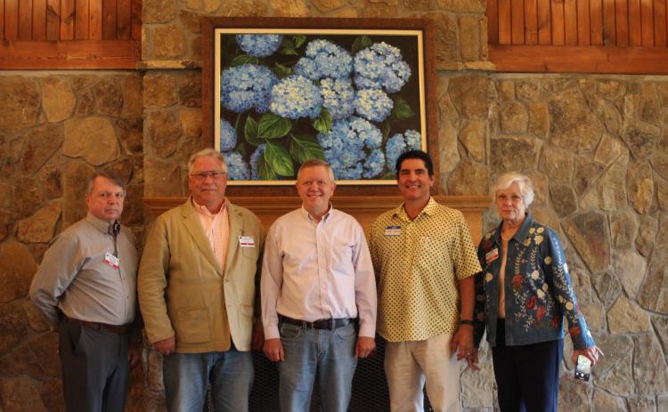 Megan Broome/The Clayton Tribune. The Rabun County GOP elected a slate of new officers at the county convention held at The Dillard House Conference Center last Saturday.  Sam Burns, immediate past chair, left, Ed Fickey, chair, Tim Wall, 1st vice chair, Ken Fortney, 2nd vice chair, and Linda Burns, treasurer. The secretary position was vacant at press time.