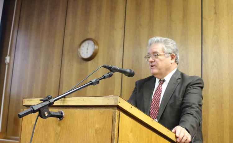 Megan Broome/The Clayton Tribune. Chief Judge Russell Smith of the Mountain Judicial Circuit addresses commissioners last Tuesday about funding for substitute judges. Commissioners approved his request of $10,000.