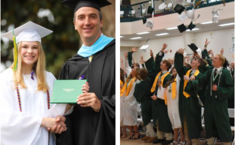 Submitted photos. (Left) Sadie Martin '21 of Clayton, Ga. receives her diploma from Head of School Jeff Miles during Rabun Gap-Nacoochee School's graduation ceremony on May 16. (Right) Tallulah Falls graduating Class of 2021 throw their caps in the air last Friday after receiving their high school diplomas.