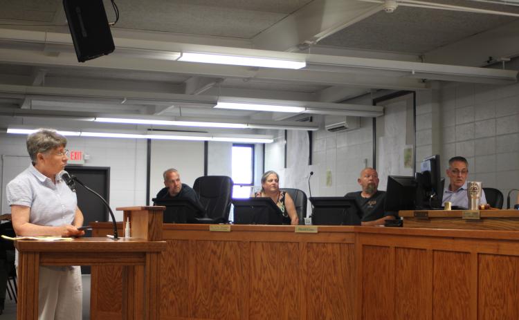 Megan Broome/The Clayton Tribune. Dee Daley, member of the Rabun County Coalition for Good Government (RCC4GG), addresses Clayton City Council members with questions about the FY 2022 budget during Tuesday’s second public hearing on the budget.