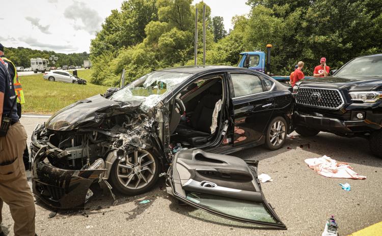 Photo courtesy of Red Bird Media. A four-car accident closed the southbound side of U.S. Highway 441/Georgia 15 near Clarkesville for nearly 90 minutes Saturday, sending four to the hospital, including one on the LifeFlight helicopter.