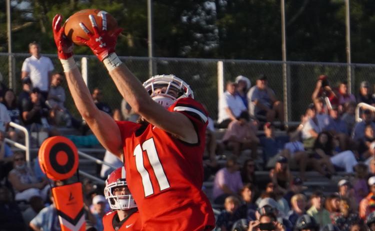 Photo courtesy of Jake Cantrell/The Dahlonega Nugget. Ethan Clarke stretches for a reception in Rabun County's lopsided win over Pace Academy last Saturday.