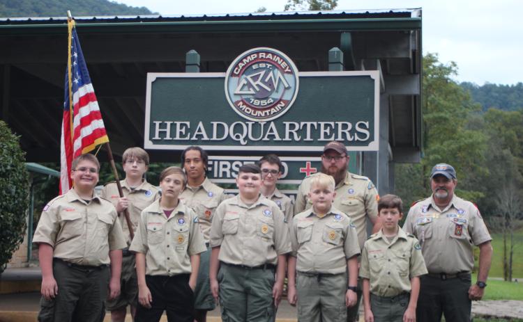 Megan Broome/The Clayton Tribune. Camp Rainey Mountain in Clayton is home to local Boy Scouts. In above photo, on the front row are Andy Leff, Tenderfoot, Nolan Houston, Tenderfoot, Lucas Daniel, Tenderfoot, Samuel Cochran, Tenderfoot, Ezra Early, Tenderfoot; back row, Grant Chartrand, first class, Britt McKissack, Life, Heron Eaton, Life, Alex Foster, Scoutmaster, Jerry McFalls, Assistant Scoutmaster. Not pictured are Jordan Ragsdale, second class, Dominic Vogelbacher, Eagle.