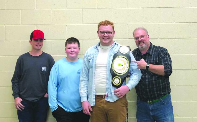 Photo courtesy of Rabun County 4-H. Pictured (from left) are Rabun County 4-H winners fo the Northeast District Contest Peyton Hicks, Jacob Burrell and Carson Carpenter with Rabun County 4-H Educator Joey Eller.