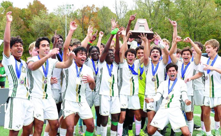 Photo courtesy of Rabun Gap-Nacoochee School. A very happy Rabun Gap-Nacoochee boys soccer team defeated Carmel Christian to claim the North Carolina Independent Schools Athletic Association state championship in November.