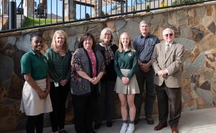 E. Lane Gresham/Tallulah Falls School. Tallulah Falls School recognized outstanding faculty, staff and students for 2021 at a Dec. 15 assembly. Shown, from left, are Kaylin Pickett, Deborah Morrison, Heather Henriques, Sonya Smith, Ball, Steve Hudson and President and Head of School Dr. Larry A. Peevy.